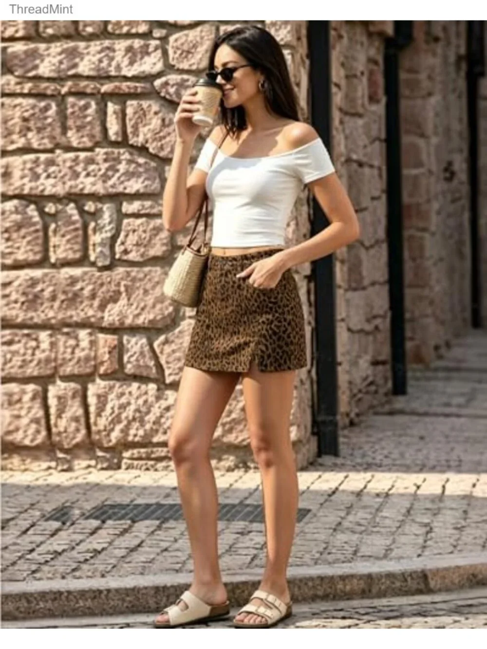 Denim Cotton High Waisted Skort with Shorts Leopard Print Mini